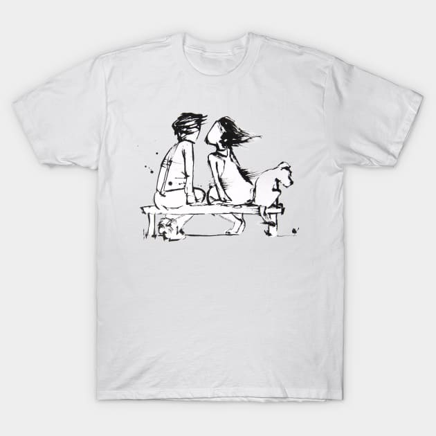 Love is in the Wind - Romance on a park bench T-Shirt by Running Duck Studio